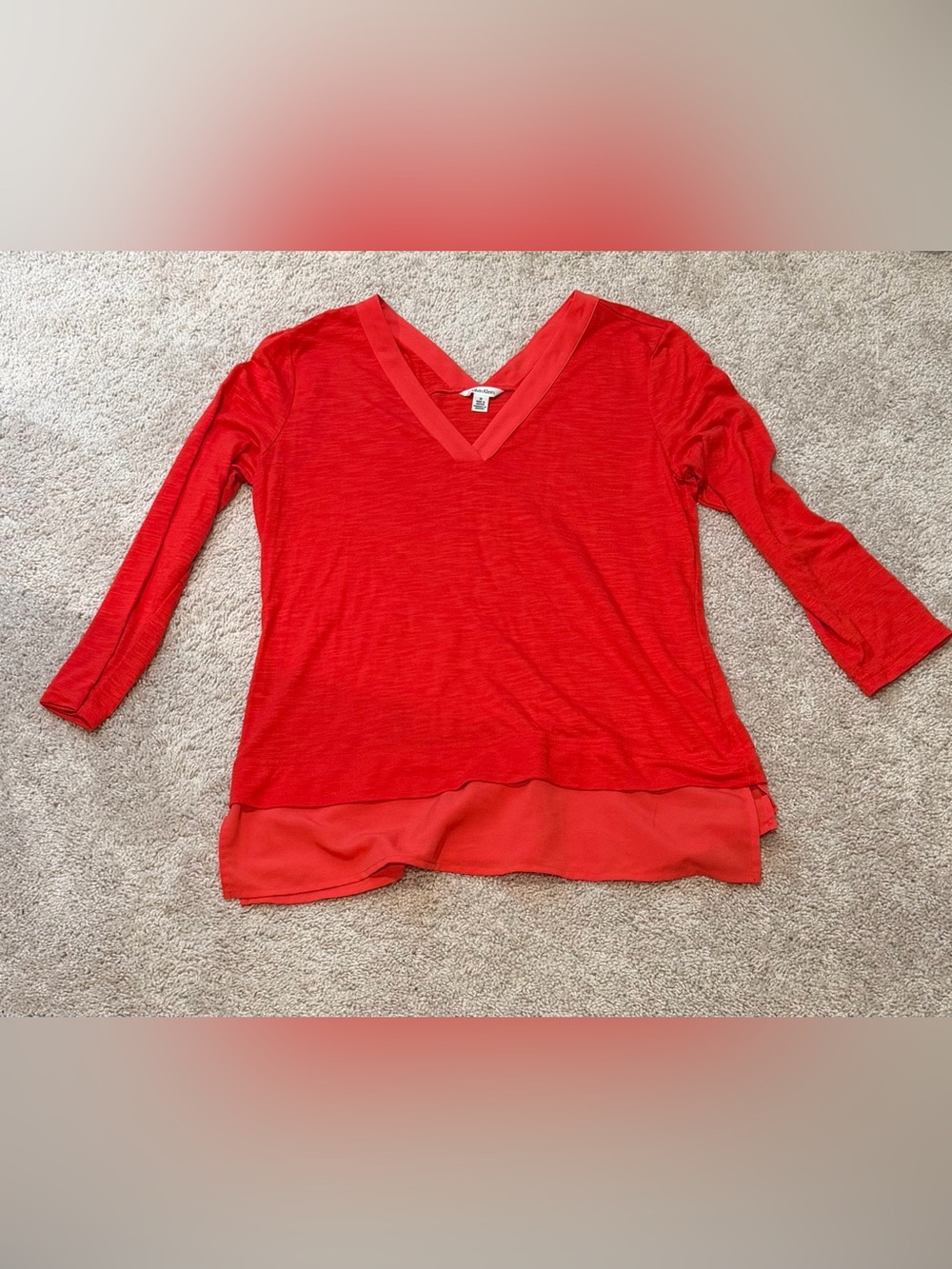 Calvin Klein Red V-Neck Layered Hem Women's Top